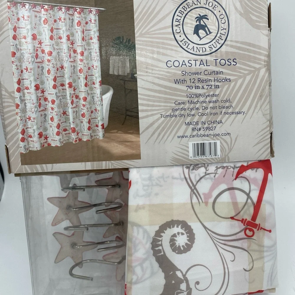 Caribbean Joe Coastal sea Shells Starfish Fabric Shower Curtain & Hooks 70x72”